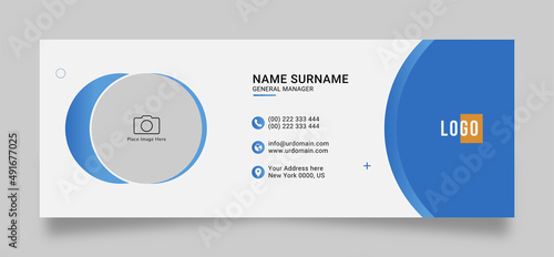 business email signature template with photo a photo place. Minimalist design with white and blue color concept