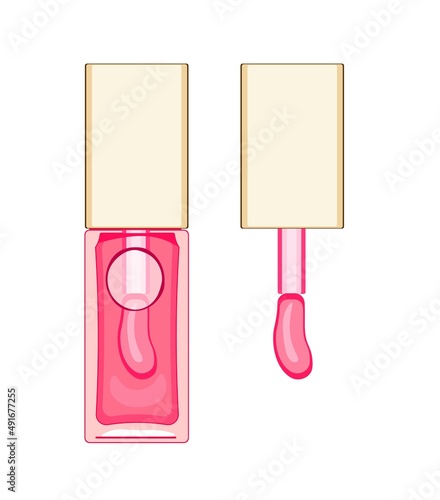Lip comfort oil, lipgloss in pink. Trendy cosmetic element- skincare oil for dry lips.