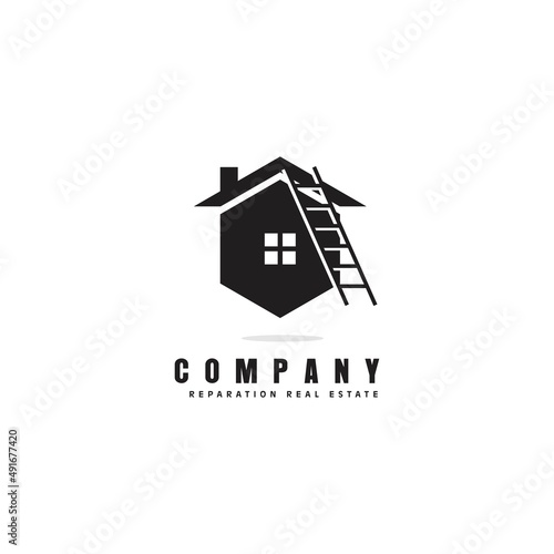 simple house with ladder logo design, creative business reparation real estate logo concept, black and white roofing repairs vector template