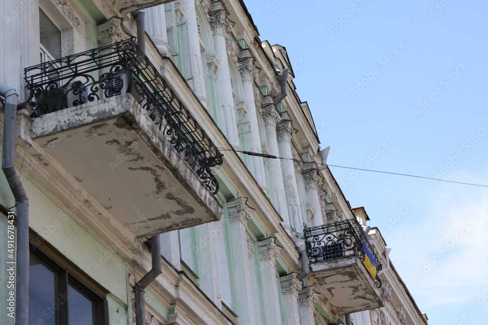 fragments of the building, facade with a balcony, the center of Kyiv 2010