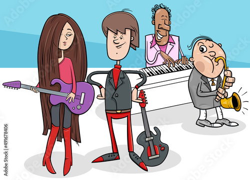 cartoon girl and guy with guitars and musical band