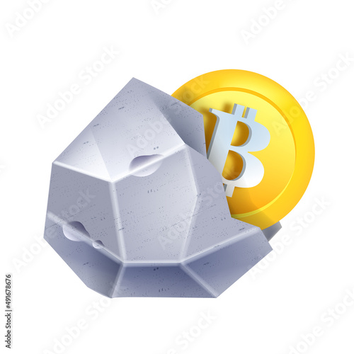 Bitcoin crypto currency mining icon, vector digital decentralized coin farming concept, virtual payment. Blockchain finance technology, gray stone, 3D electronic money on white. Bitcoin mining clipart