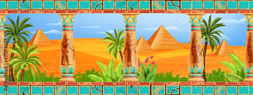 Egypt desert landscape, Egyptian ancient stone column, palm tree vector pyramid palace background. Sand dune hills, oasis green plants, panoramic Arabic view, old civilization temple. Egypt landscape