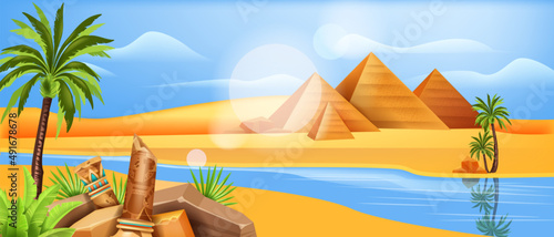 Fotografie, Obraz Egypt landscape ancient vector pharaoh pyramid, African sand dune background, Nile river palm tree