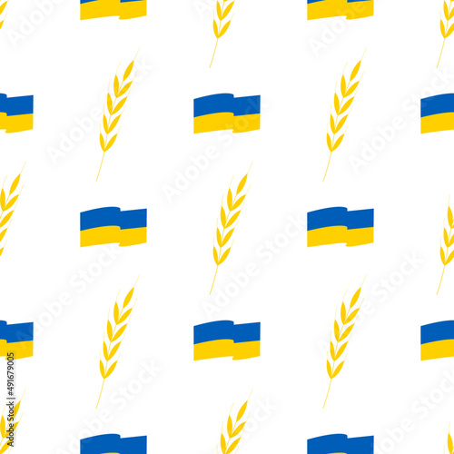 Patriotic Ukrainian flag and wheat vector pattern. Yellow and blue pattern on white background.
