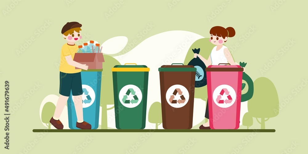 Fototapeta premium People separate garbage in trash bins, Waste Sorting Activity, World Environment Day, Vector, Illustration