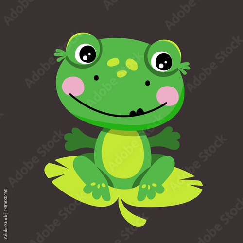 A cute Green Frog is sitting on a lotus leaf. Isolated vector illustration 