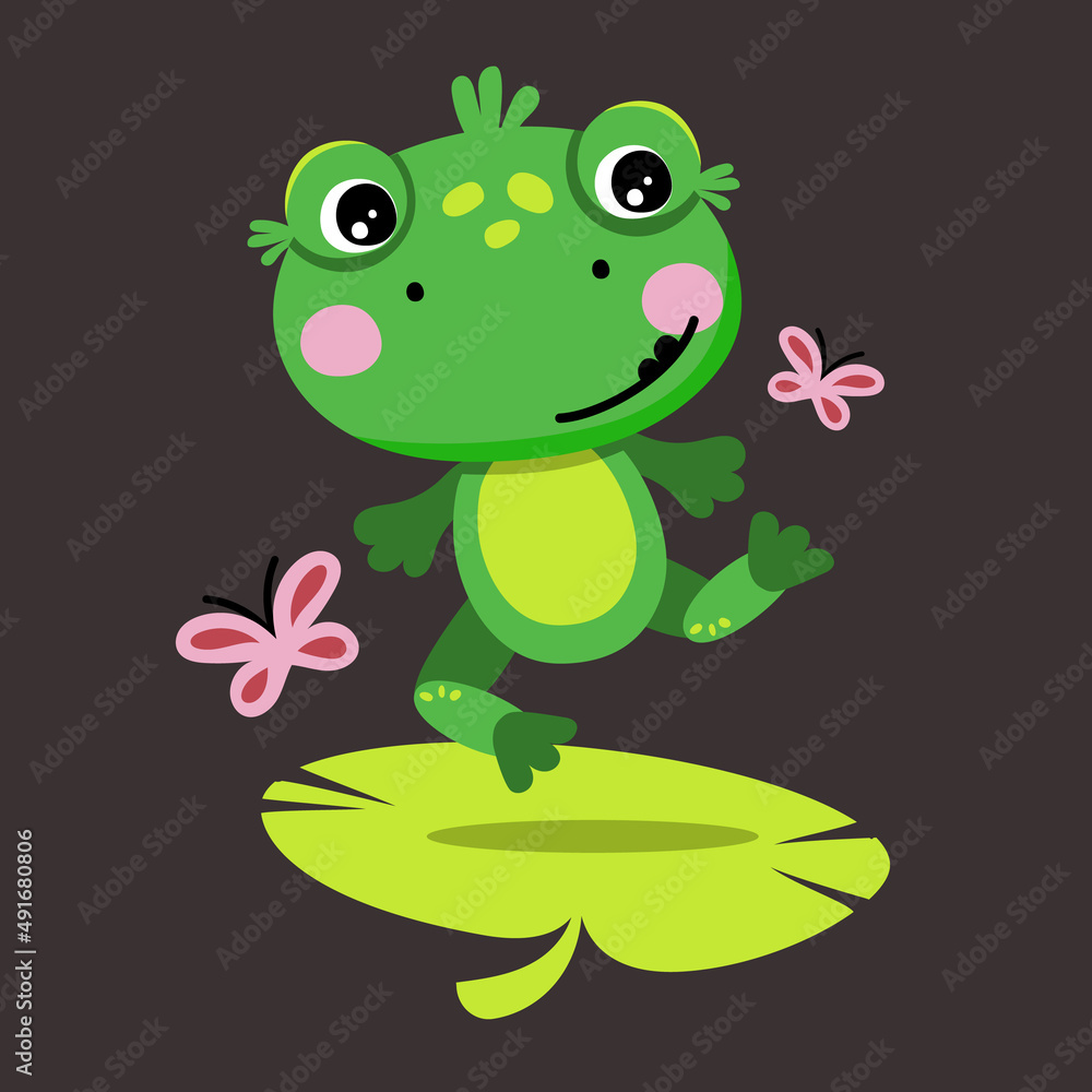 Fototapeta premium Cute cheerful Green Frog jumps next to butterflies. Isolated vector illustration 