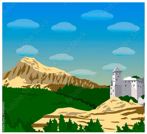 beautiful mountain landscape of sand and stones mountains forest and castle on a blue sky background