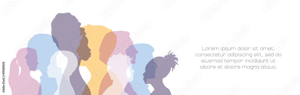 People of different ethnicities stand side by side together. Card with place for text. Flat vector illustration.