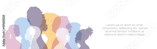 People of different ethnicities stand side by side together. Card with place for text. Flat vector illustration.