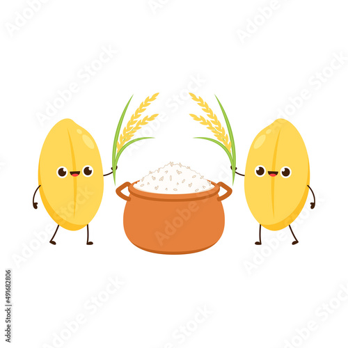 Rice character design. rice vector on white background. Paddy vector. Cooking rice in earthen pot. Earth pot vector.