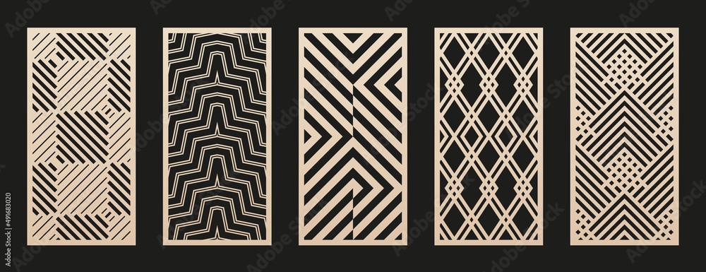 Laser cut patterns collection. Vector set with abstract geometric ornament,  lines, chevron, stripes, squares, grid. Decorative stencil for laser  cutting of wood panel, metal, plastic. Aspect ratio 1:2 Stock Vector |  Adobe Stock