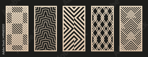 Laser cut patterns collection. Vector set with abstract geometric ornament, lines, chevron, stripes, squares, grid. Decorative stencil for laser cutting of wood panel, metal, plastic. Aspect ratio 1:2 photo