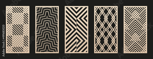 Laser cut patterns collection. Vector set with abstract geometric ornament, lines, chevron, stripes, squares, grid. Decorative stencil for laser cutting of wood panel, metal, plastic. Aspect ratio 1:2