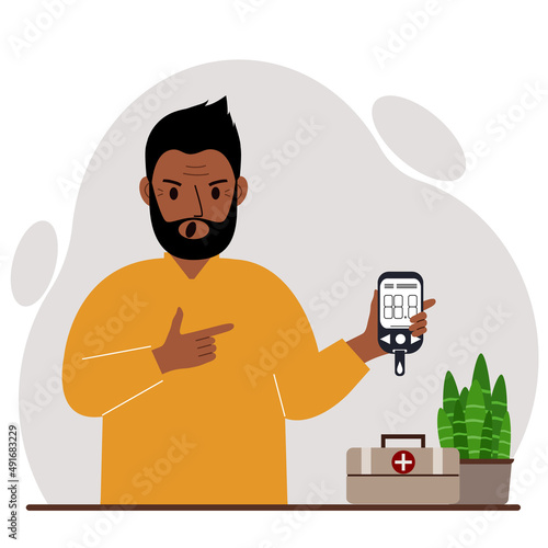 Screaming man holds a glucometer in his hand. The concept of blood sugar control, diabetic.