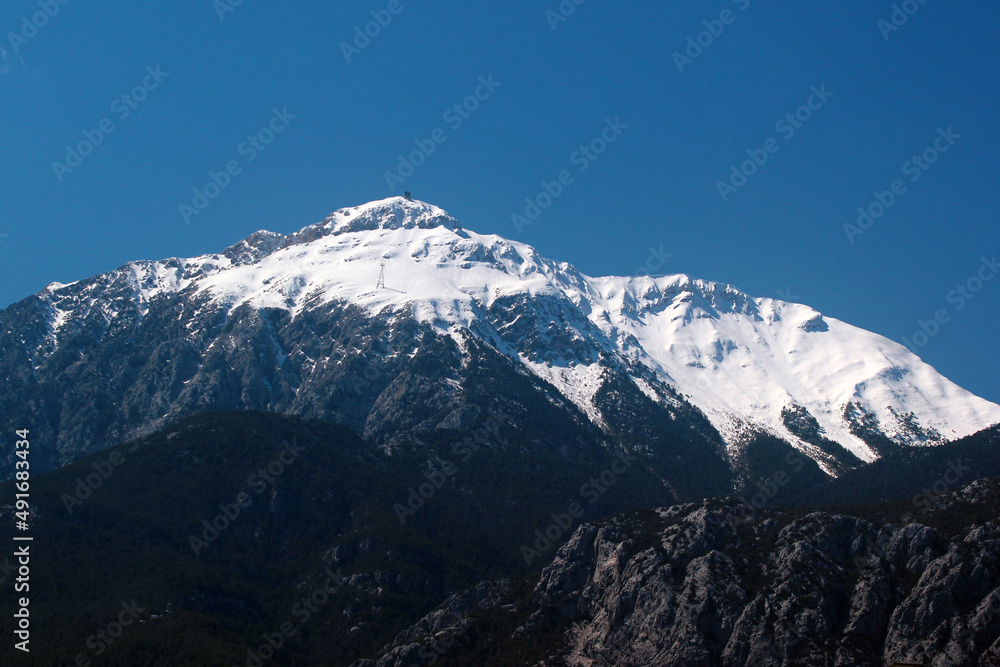 Lycian Olympus, the highest mountain in Beydaglari Coastal National Park as seen from Chamyuva, near Kemer in Antalya Province, Turkey