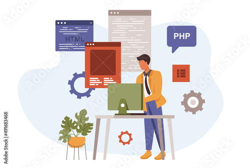 Programmer working in flat design. People programming software, coding, testing, collection of scenes. Vector illustration for blogging, website, mobile app, promotional materials.