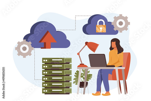 Cloud computing in flat design. People upload files, storage and processing data collection of scenes. Vector illustration for blogging, website, mobile app, promotional materials.
