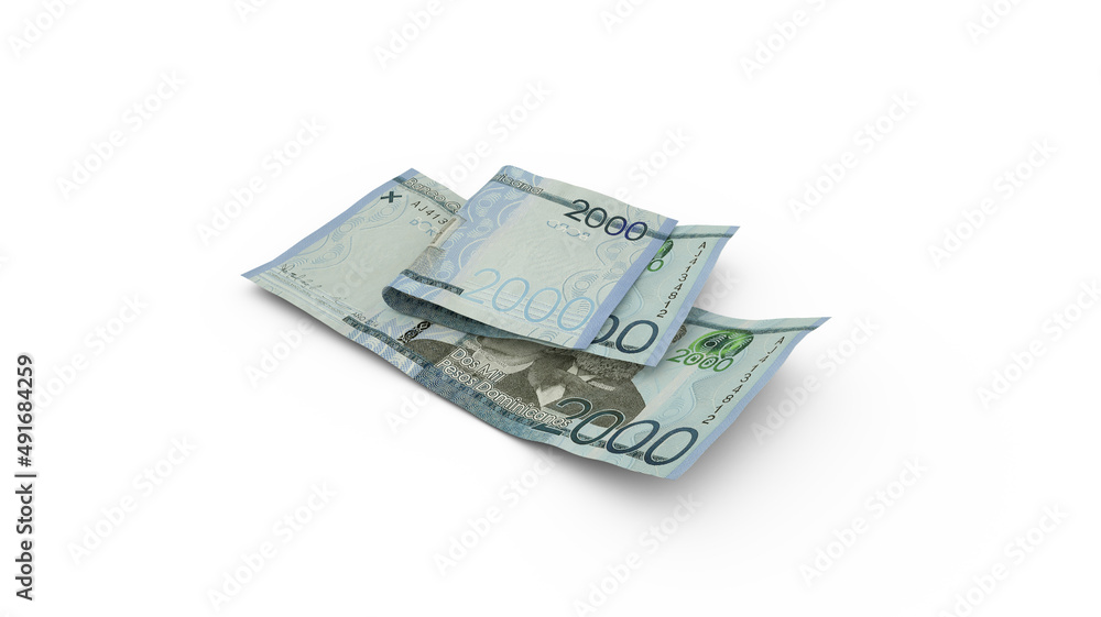 3D rendering of Double 2000 Dominican peso notes isolated on white background 3D rendering of Double 2000 Dominican peso notes isolated on white background