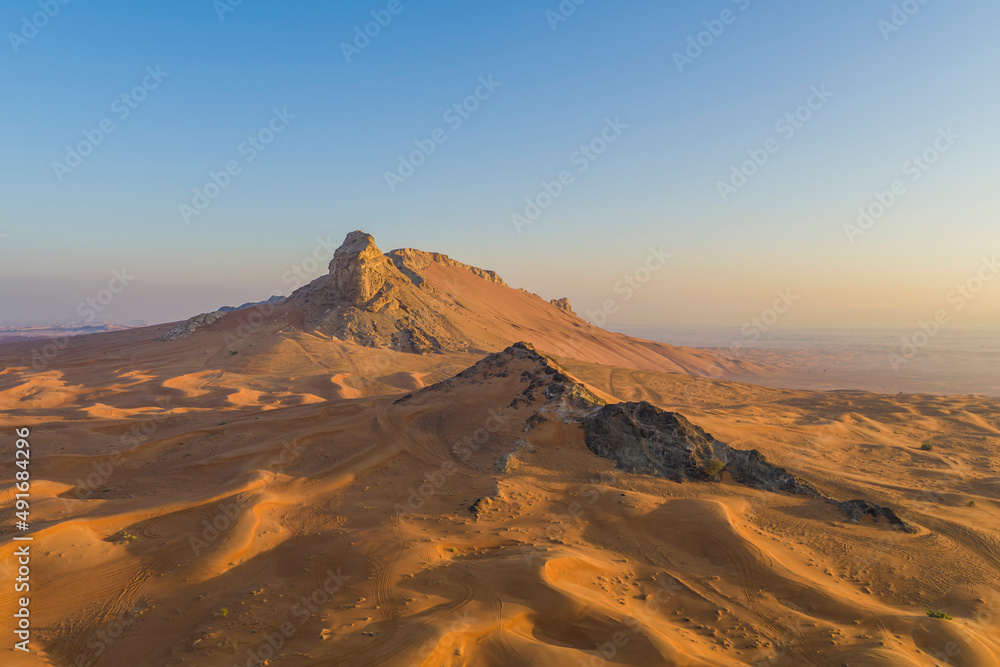 Aerial view of Fossil Rock in the desert, Dubai, United Arab Emirates. Aerial view of Fossil Rock in the desert, Dubai, United Arab Emirates.