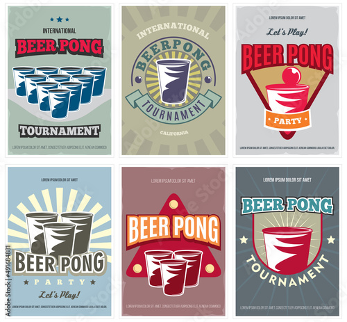 Beer Pong Tournament posters set. Retro collection of colored Beer Pong elements and Icons.