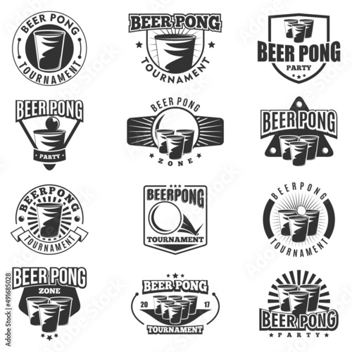 Beer Pong Tournament 12 monochrome badges set. Retro collection of monochrome Beer Pong elements and Icons.