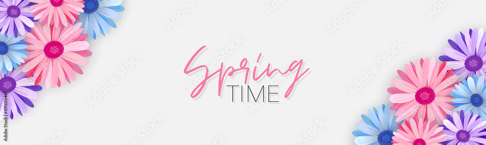 Obraz premium Spring time banner or newsletter header. Blue, purple and pink realistic daisies or gerbera flowers. Floral promo design. Vector illustration.