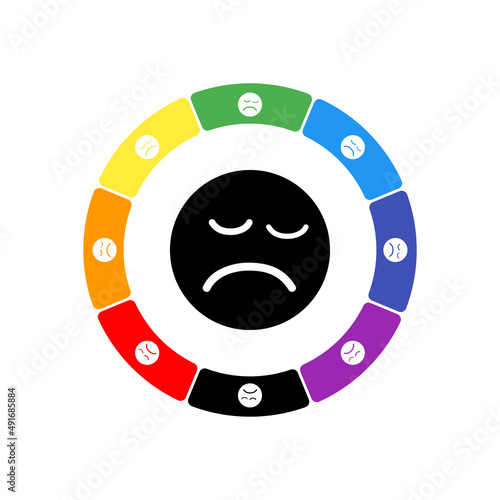 A large black depression symbol in the center, surrounded by eight white symbols on a colored background. Background of seven rainbow colors and black. Vector illustration on white background