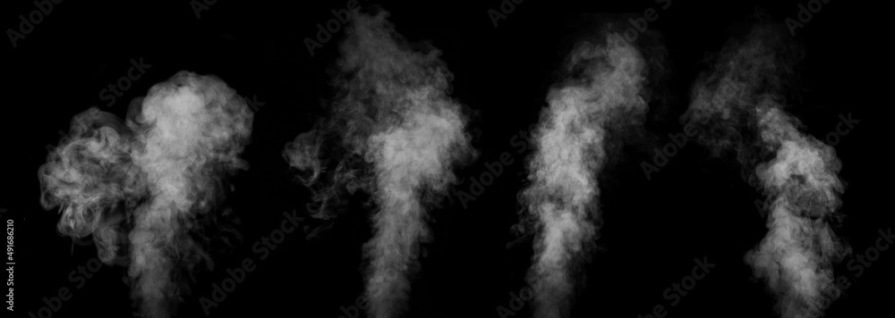 A set of four different types of swirling, writhing smoke, steam isolated on a black background for overlaying