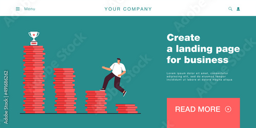 Young man jumping on stacks of coins to trophy. Flat vector illustration..Successful man winning money, striving for big prize. Money, lottery, winning concept for banner design or landing page