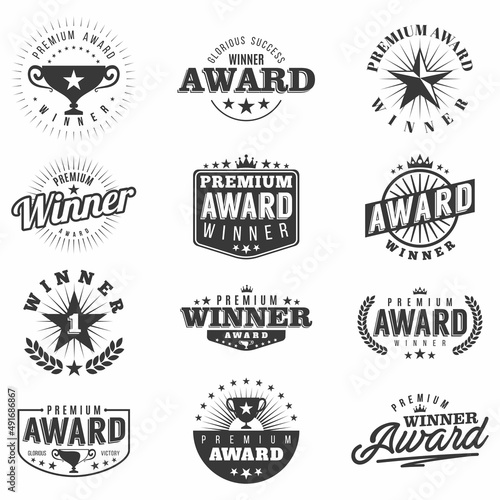 Monochrome award labels, logos and badges collection with vintage design elements. Isolated on white background. Vector