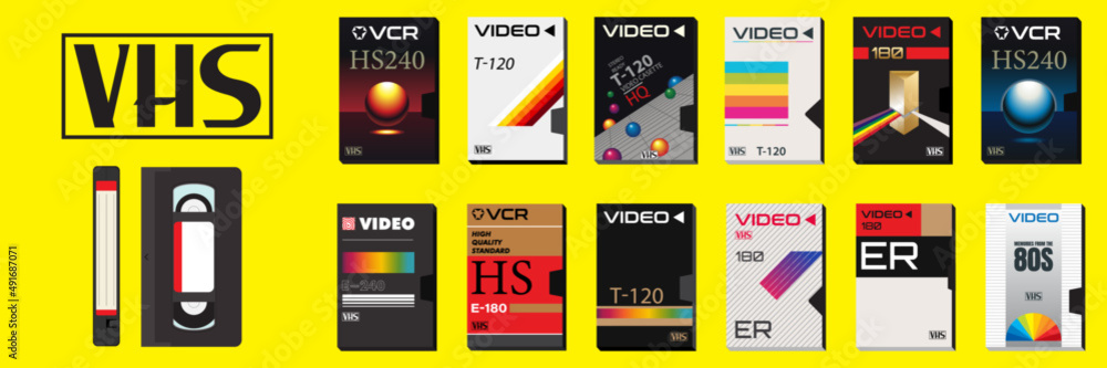 VHS Casette Vector Graphics and Collection of Video Covers. Abstract Blank Tape Boxes. Ready templates for stickers, flyers, posters. Movies from 80s and 90's. Synthwave vibes. Retro technology.