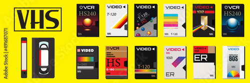 Obraz na płótnie VHS Casette Vector Graphics and Collection of Video Covers. Abstract Blank Tape Boxes. Ready templates for stickers, flyers, posters. Movies from 80s and 90's. Synthwave vibes. Retro technology. w salonie