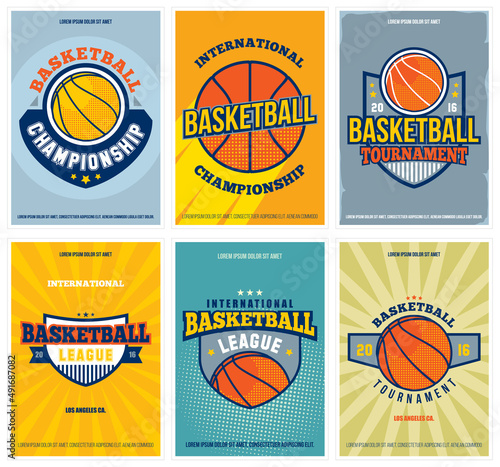 Basketball tournament and championship posters set. Retro collection of colored basketball elements and emblems