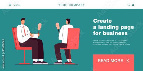 Men with masks sitting opposite each other. Flat vector illustration. People hiding their faces, revealing truth to each other by removing their masks. Truth, deception, fake, dishonesty concept