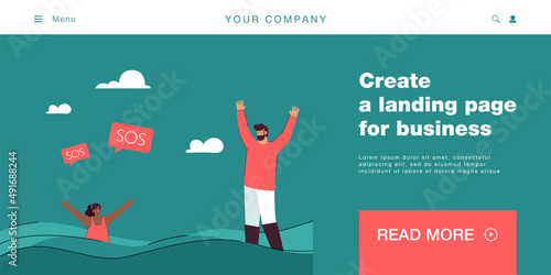 Sinking woman calling man for help vector illustration. Scared woman drowning in the sea screaming sos. Emergency situation, accident, danger concept for banner, website design or landing web page