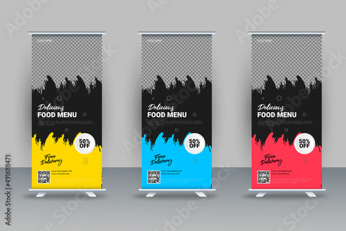 Food and restaurant roll up banner design template 