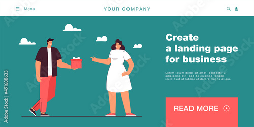 Man giving present gift box to woman on Valentines day. Guy greeting congratulating girl with anniversary birthday. Flat vector illustration, web landing. Special occasion, dating concept.