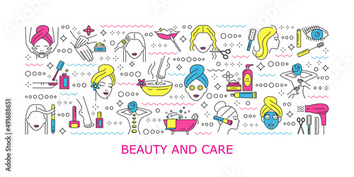Spa, care and beaty horizontal banner. Collection of icons in modern linear style for spa salon