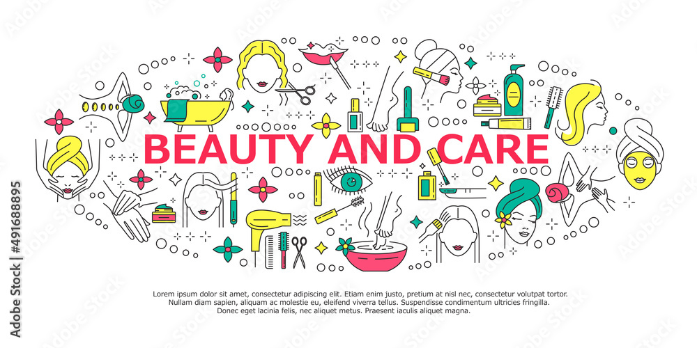 Fototapeta premium Spa, care and beaty round banner. Collection of icons in modern linear style for spa salon, beauty center