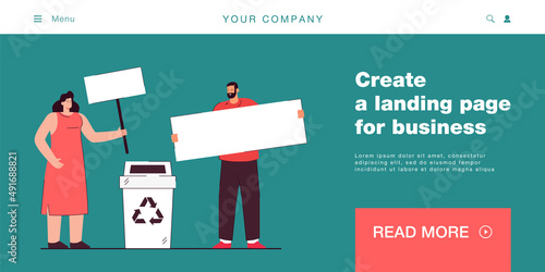 People holding placards supporting recycling. Volunteers with mockup banners protesting for garbage sorting. Environment protection, ecology problem concept. Flat vector illustration.