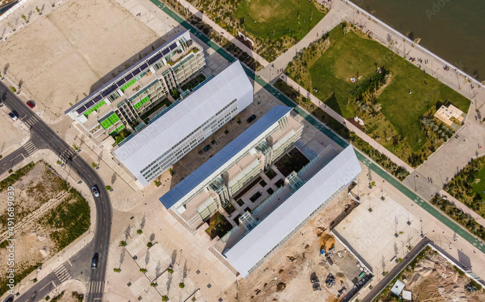 Aerial view of Braco da Prata industrial area along Tagus River in Lisbon, Portugal.