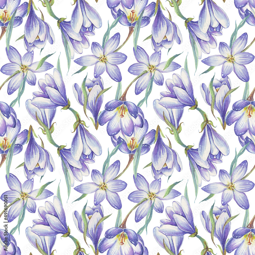 Spring flowers seamless pattern. Watercolor crocuses. Hand-painted Spring flowers seamless pattern. Watercolor crocuses. Hand-painted