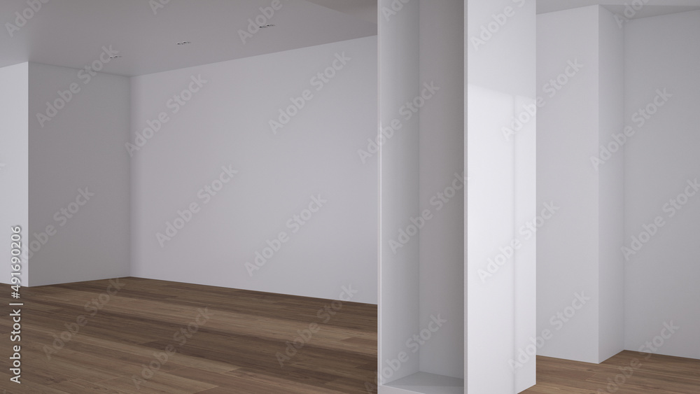 Fototapeta premium Empty room interior design, open space with white walls and parquet wooden floor, modern contemporary architecture, morning light, mock-up with copy space