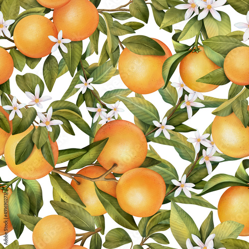 Seamless Orange pattern with tropic fruits, leaves, flowers background. Hand drawn watercolor illustration on white background © OlyGutArt