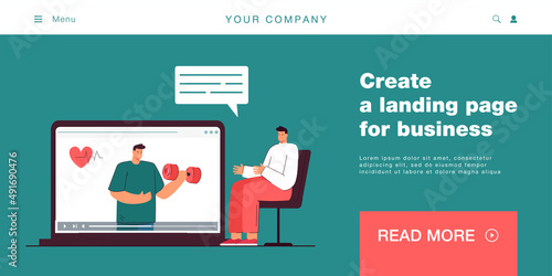 Man sitting on chair giving advice online. Coach training man who exercising with dumbbell flat vector illustration. Online workout, lifestyle concept for banner, website design or landing web page