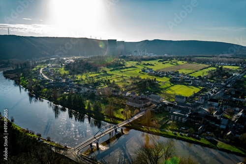 Panoramic view over village of Chooz and nuclear power plant
