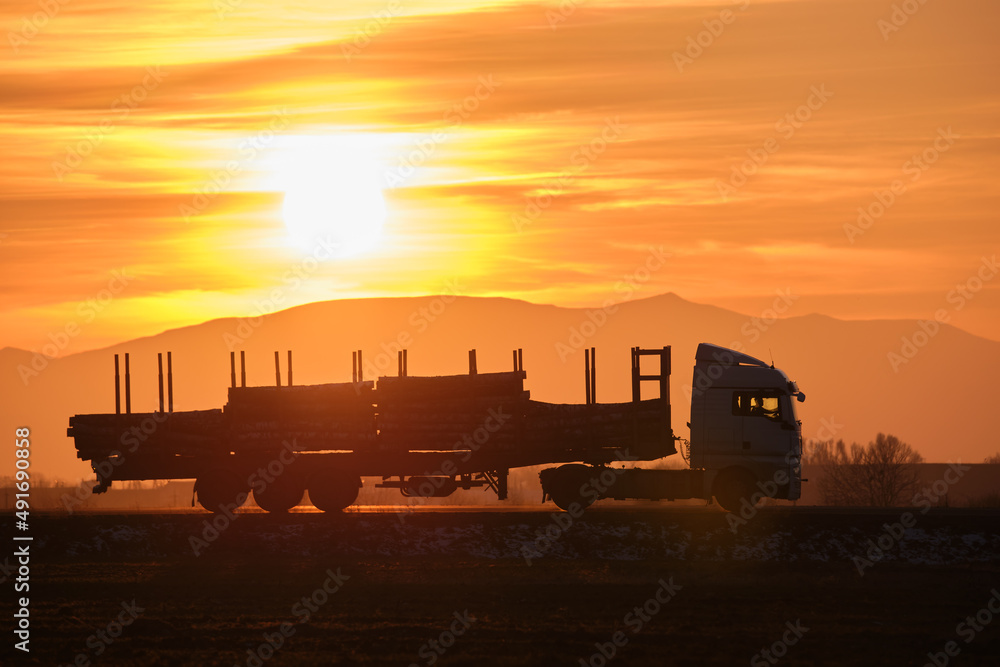 Fototapeta premium Semi-truck with cargo trailer driving on highway hauling cut down trees in evening. Timber delivery and logistics concept