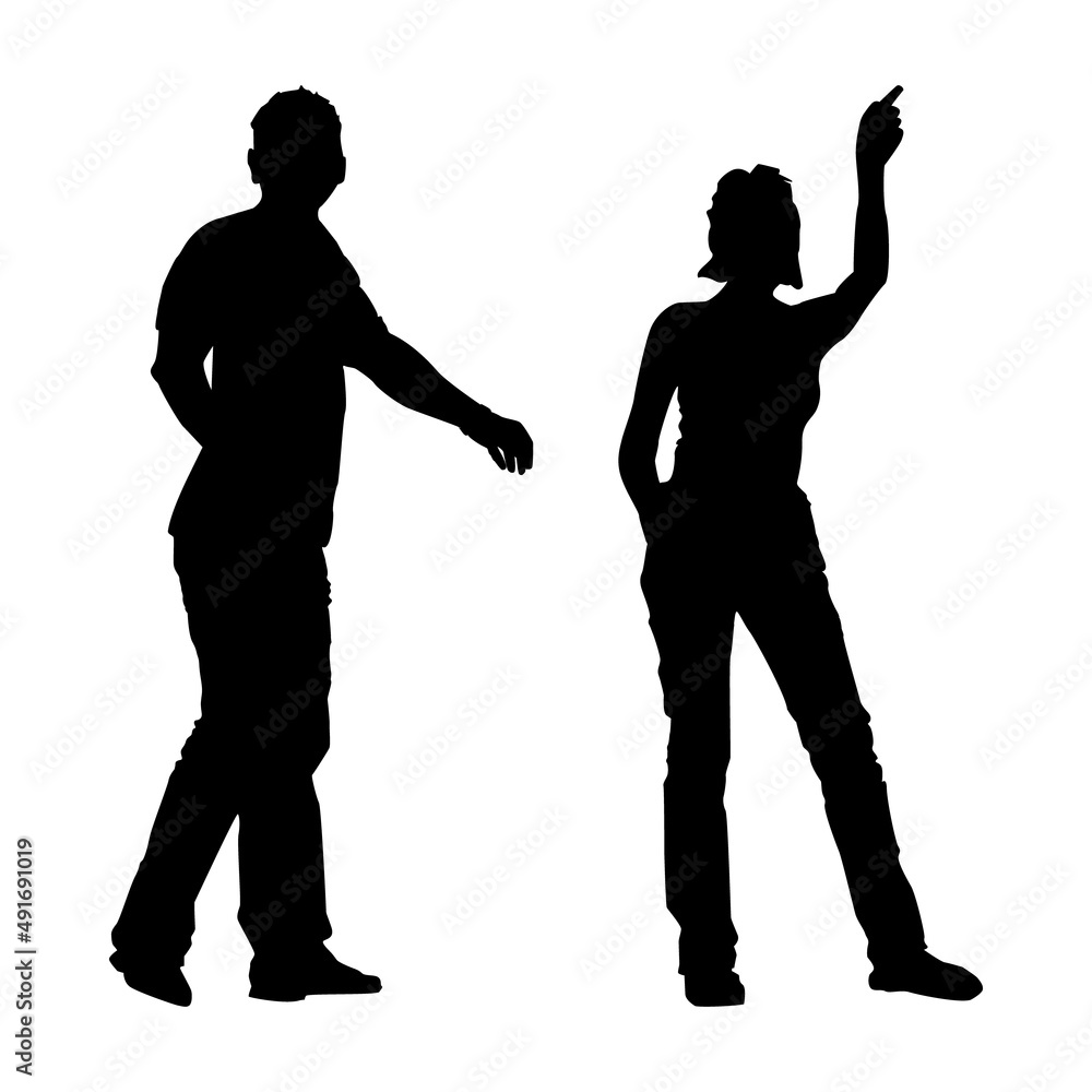People silhouettes isolated on white background. Black silhouette of man and woman. Happy active young people. Two young people. Stock vector illustration